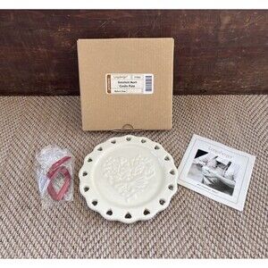 Longaberger Sweetheart Pottery Candle Plate & Ribbon Ivory Cream